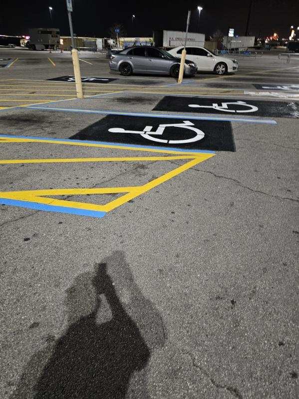 Accessible parking area with wheelchair symbol and marked access aisle