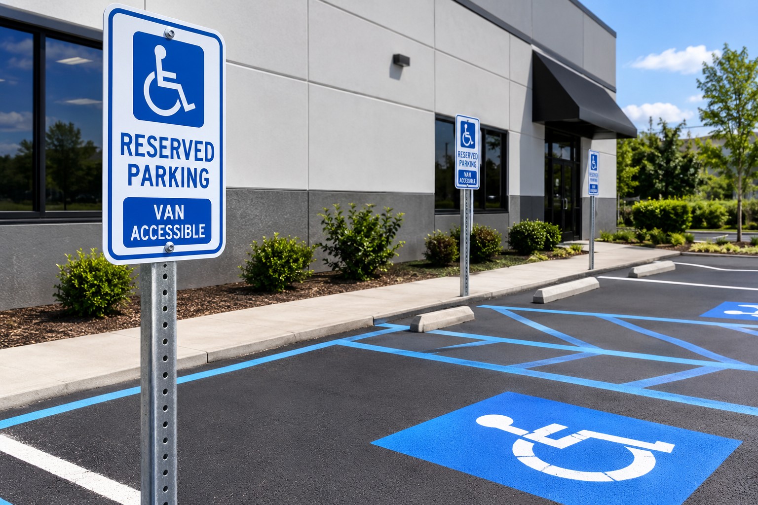 Accessible parking signage beside marked accessible parking spaces